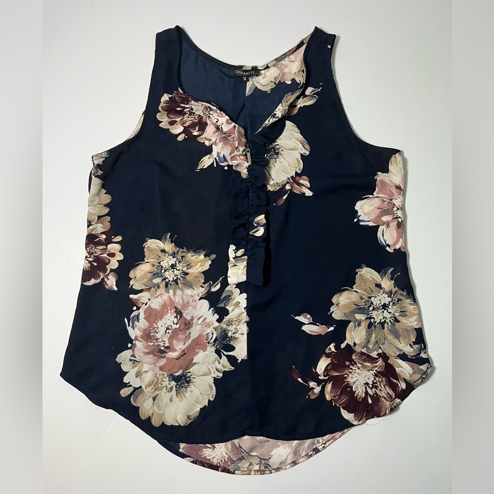 Navy Floral Sleeveless Ruffle Blouse Coquette